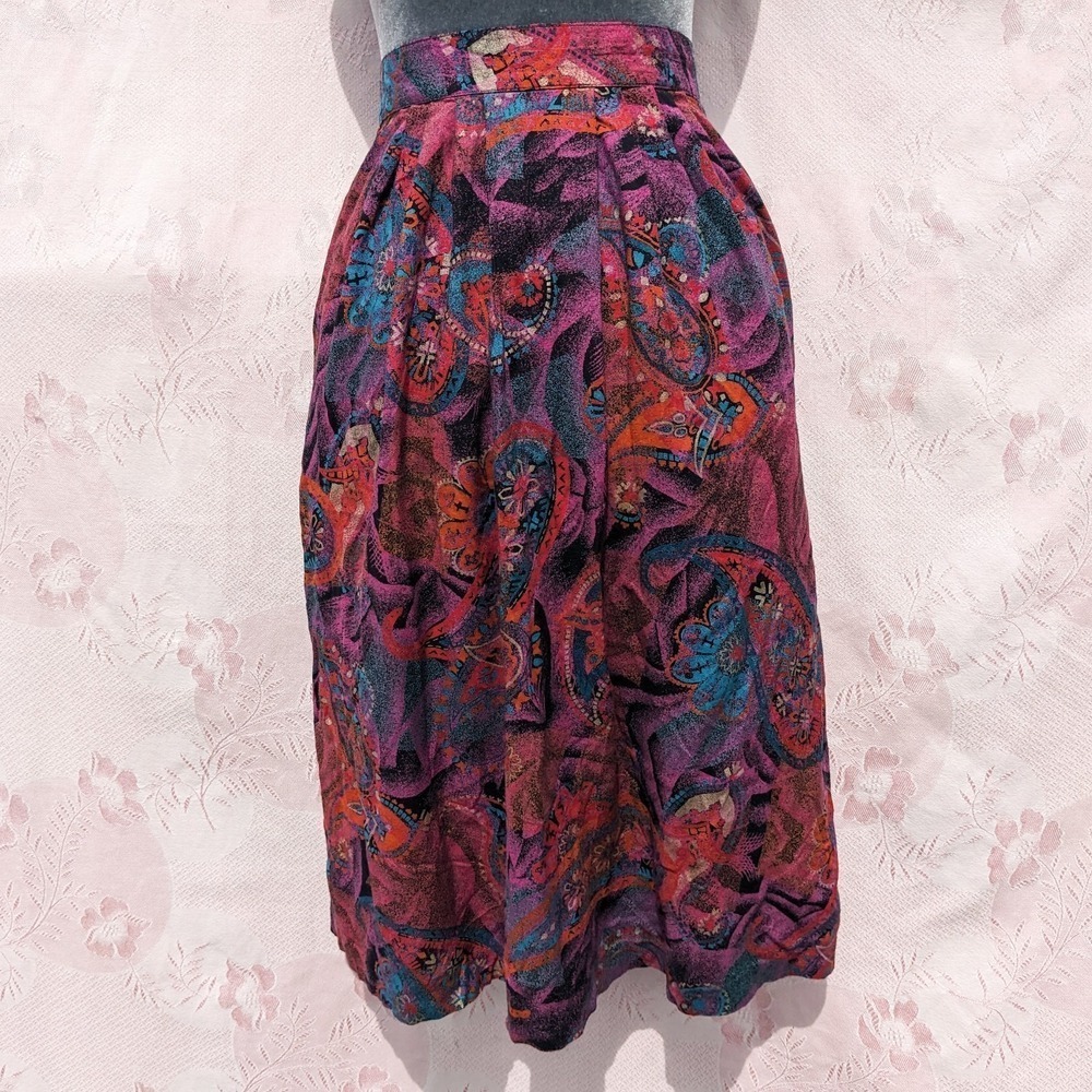 Vintage 80s Paisley Midi‎ Skirt XS Rayon Boho Pleated Whimsigoth Pockets Grunge